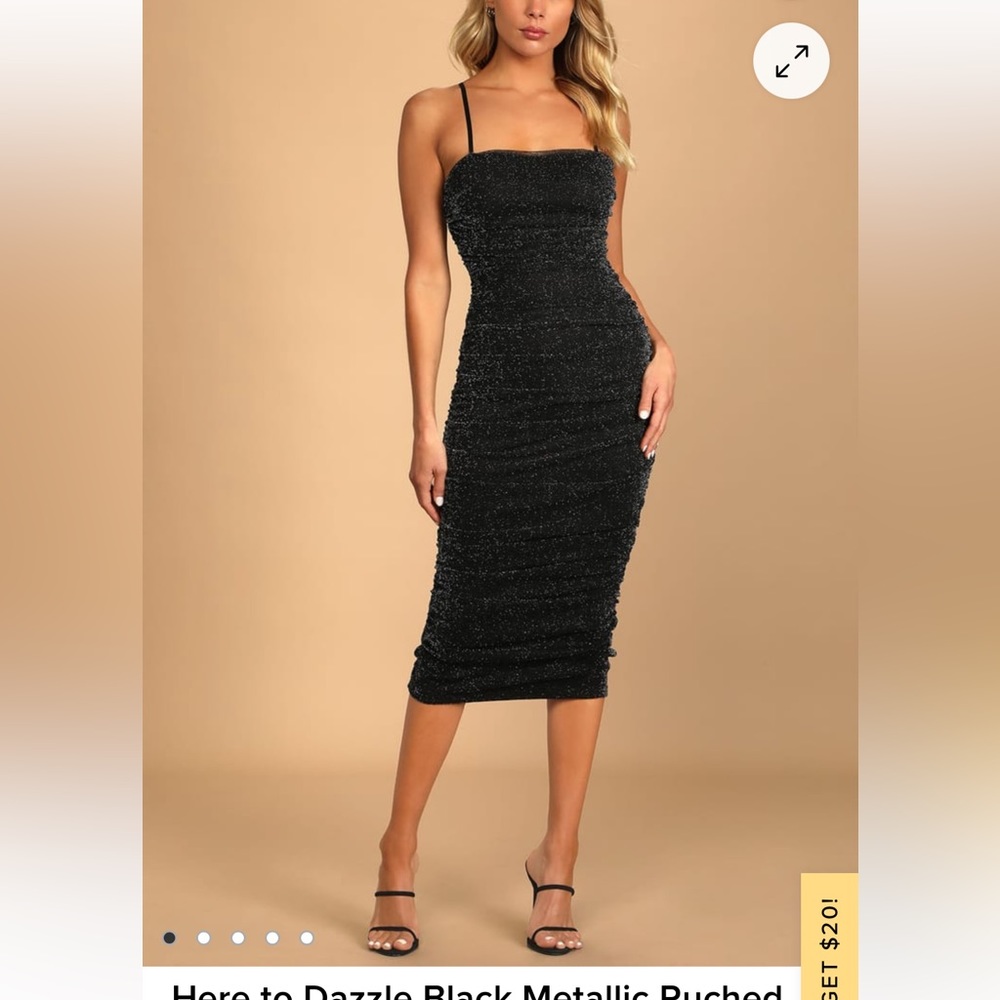 Lulu’s Black Metallic Ruched Mesh Bodycon Midi Dress - Size S